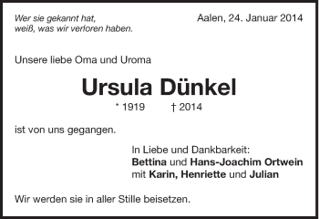 Traueranzeige von Ursula Dünkel von Schwäbische Post