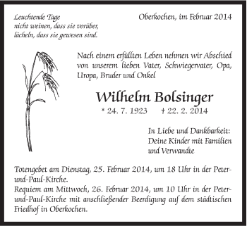 Traueranzeige von Wilhelm Bolsinger von Schwäbische Post