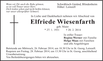 Traueranzeige von Elfriede Wiesenfarth von Gmünder Tagespost