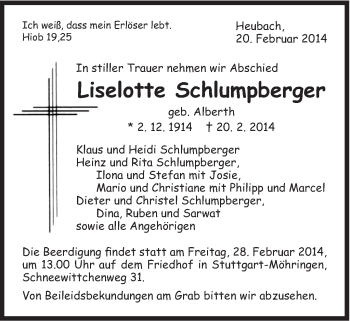 Traueranzeige von Liselotte Schlumpberger von Gmünder Tagespost