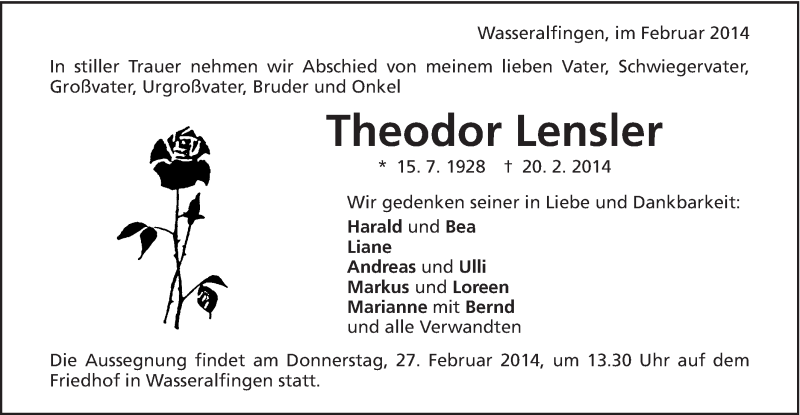  Traueranzeige für Theodor Lensler vom 25.02.2014 aus Schwäbische Post