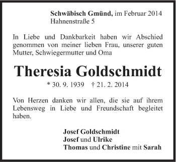 Traueranzeige von Theresia Goldschmidt von OstalbTrauer