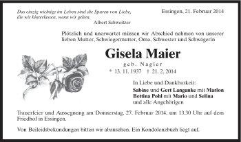 Traueranzeige von Gisela Maier von Schwäbische Post
