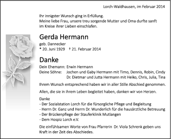 Traueranzeige von Gerda Hermann von Gmünder Tagespost
