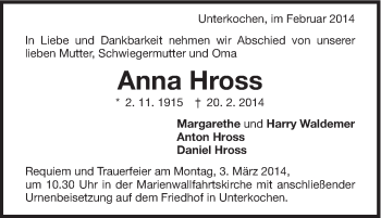 Traueranzeige von Anna Hross von Schwäbische Post