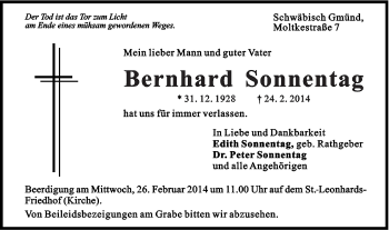 Traueranzeige von Bernhard Sonnentag von Gmünder Tagespost