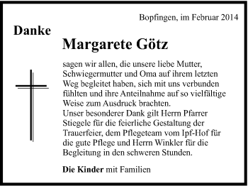 Traueranzeige von Margarete Götz von Schwäbische Post