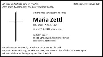 Traueranzeige von Maria Zettl von Schwäbische Post