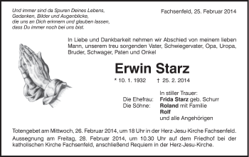Traueranzeige von Erwin Starz von OstalbTrauer
