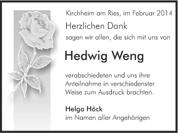 Traueranzeige von Hedwig Weng von OstalbTrauer