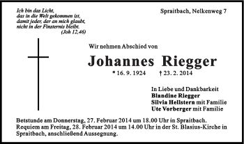 Traueranzeige von Johannes Riegger von OstalbTrauer