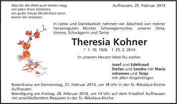 Traueranzeige von Theresia Kohner von OstalbTrauer