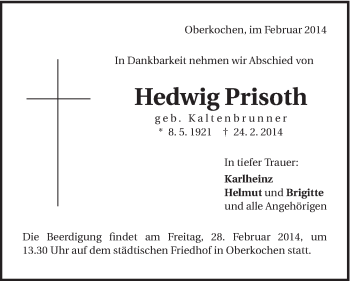 Traueranzeige von Hedwig Prisoth von OstalbTrauer