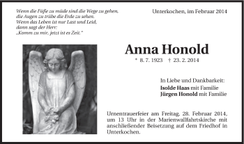 Traueranzeige von Anna Honold von OstalbTrauer