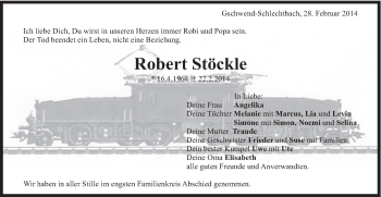 Traueranzeige von Robert Stöckle von Gmünder Tagespost