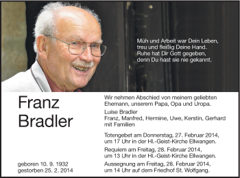 Traueranzeige von Franz Bradler von OstalbTrauer