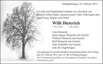 Traueranzeige von Willi Dietrich von Gmünder Tagespost
