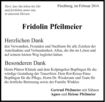 Traueranzeige von Fridolin Pfeilmeier von Schwäbische Post