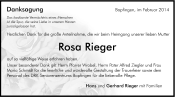 Traueranzeige von Rosa Rieger von Schwäbische Post
