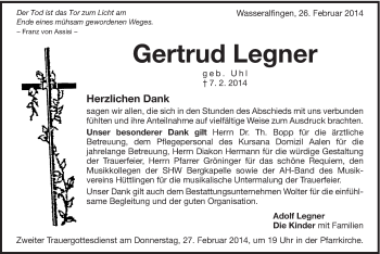 Traueranzeige von Gertrud Legner von Schwäbische Post