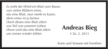 Traueranzeige von Andreas Bieg von Schwäbische Post