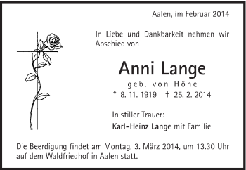 Traueranzeige von Anni Lange von Schwäbische Post