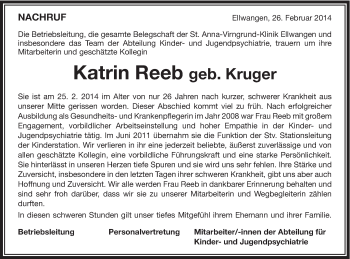 Traueranzeige von Katrin Reeb von Schwäbische Post