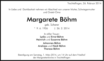 Traueranzeige von Margarete Böhm von Schwäbische Post