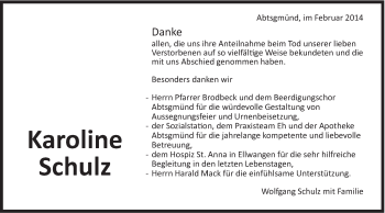 Traueranzeige von Karoline Schulz von Schwäbische Post