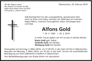 Traueranzeige von Alfons Gold von Schwäbische Post