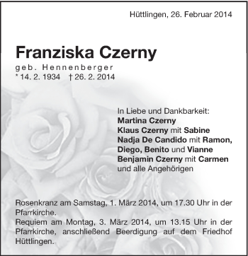 Traueranzeige von Franziska Czerny von Schwäbische Post