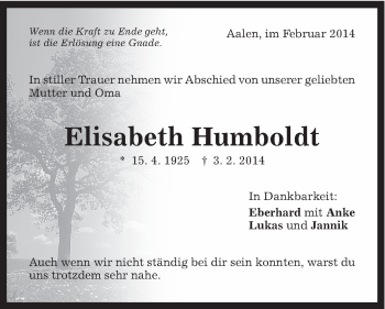 Traueranzeige von Elisabeth Humboldt von Schwäbische Post