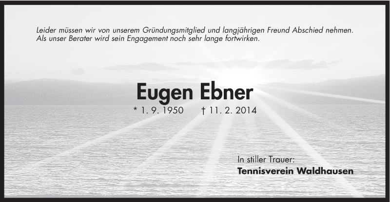  Traueranzeige für Eugen Ebner vom 18.02.2014 aus Schwäbische Post
