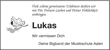Traueranzeige von Lukas  von Schwäbische Post