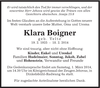 Traueranzeige von Klara Boigner von Gmünder Tagespost