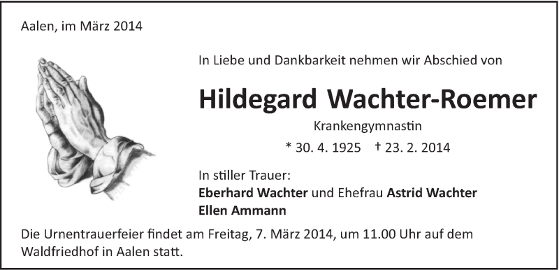  Traueranzeige für Hildegard Wachter-Roemer vom 01.03.2014 aus 020