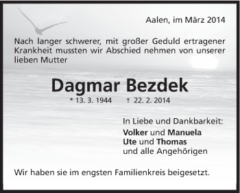 Traueranzeige von Dagmar Bezdek von OstalbTrauer