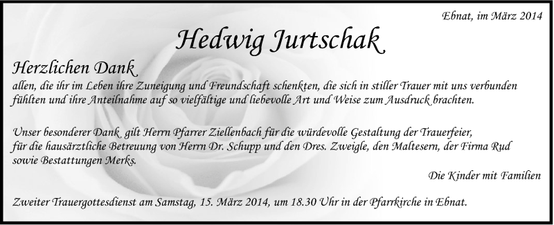  Traueranzeige für Hedwig Jurtschak vom 01.03.2014 aus Schwäbische Post