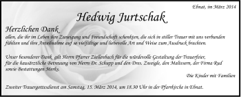 Traueranzeige von Hedwig Jurtschak von Schwäbische Post