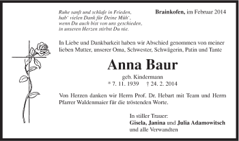 Traueranzeige von Anna Baur von Gmünder Tagespost