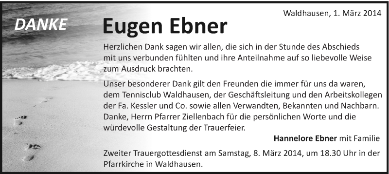  Traueranzeige für Eugen Ebner vom 01.03.2014 aus Schwäbische Post