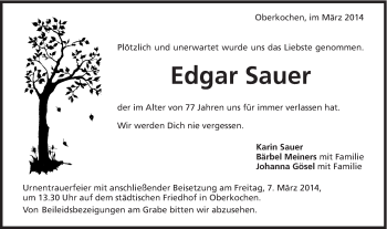 Traueranzeige von Edgar Sauer von Schwäbische Post