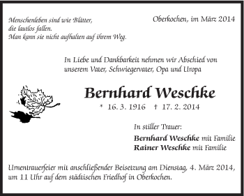 Traueranzeige von Bernhard Weschke von Schwäbische Post