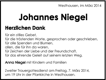 Traueranzeige von Johannes Niegel von Schwäbische Post