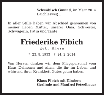 Traueranzeige von Friederike Fibich von Gmünder Tagespost