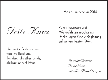 Traueranzeige von Fritz Kunz von Schwäbische Post
