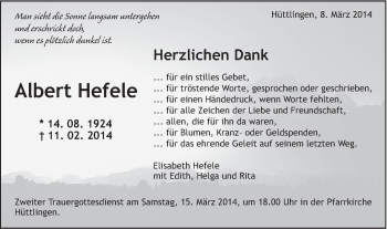 Traueranzeige von Albert Hefele von Schwäbische Post