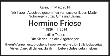 Traueranzeige von Hermine Friese von Schwäbische Post