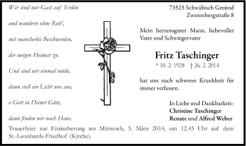 Traueranzeige von Fritz Taschinger von Gmünder Tagespost
