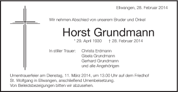 Traueranzeige von Horstg Grundmann von Schwäbische Post
